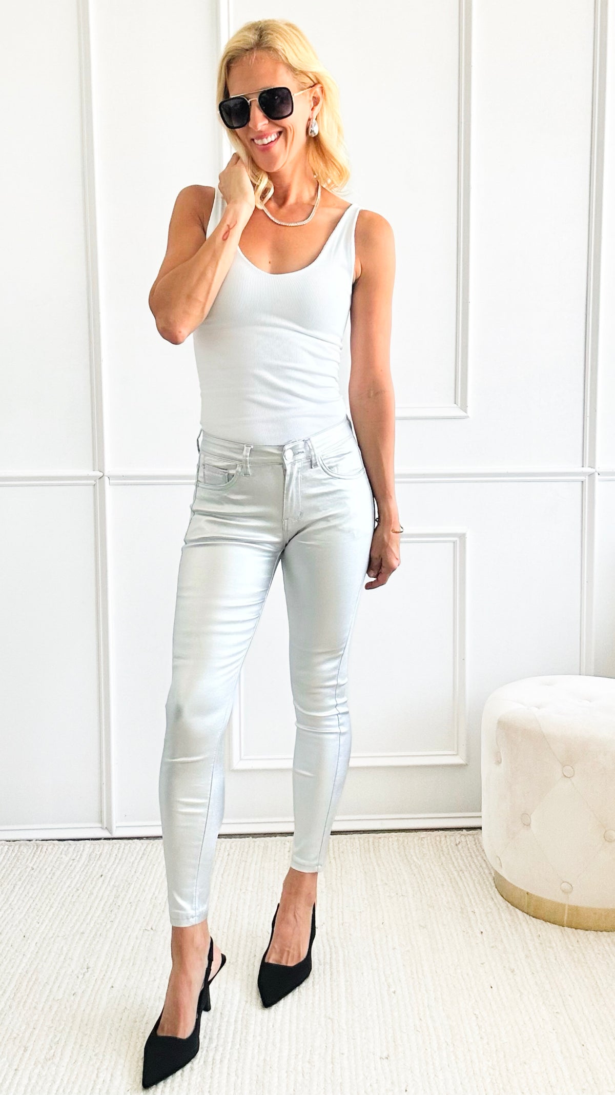 Metallic Skinny Pants - Silver-170 Bottoms-Galita-Coastal Bloom Boutique, find the trendiest versions of the popular styles and looks Located in Indialantic, FL