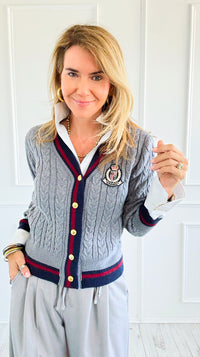 Fashion Varsity Italian Cardigan Sweater-Grey-150 Cardigans/Layers-Italianissimo-Coastal Bloom Boutique, find the trendiest versions of the popular styles and looks Located in Indialantic, FL