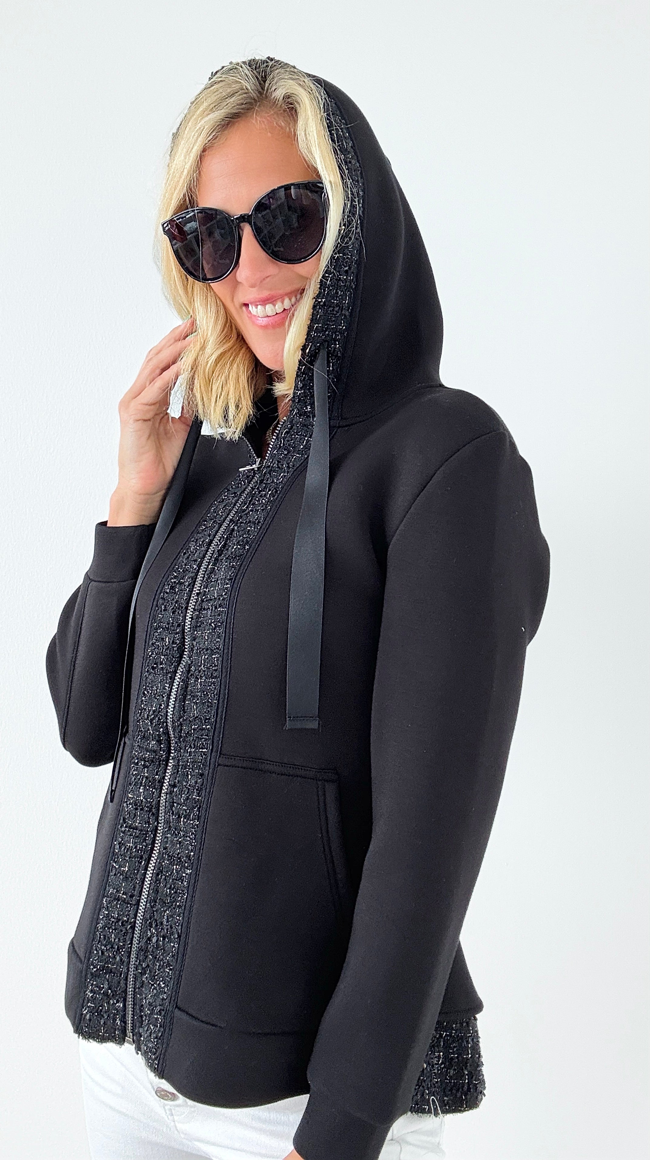 Faiza French Scuba Jacket with Tweed - Black-160 Jackets-Joh Apparel-Coastal Bloom Boutique, find the trendiest versions of the popular styles and looks Located in Indialantic, FL