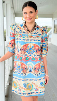 Sunlit Mosaic Ruffle Tie Dress