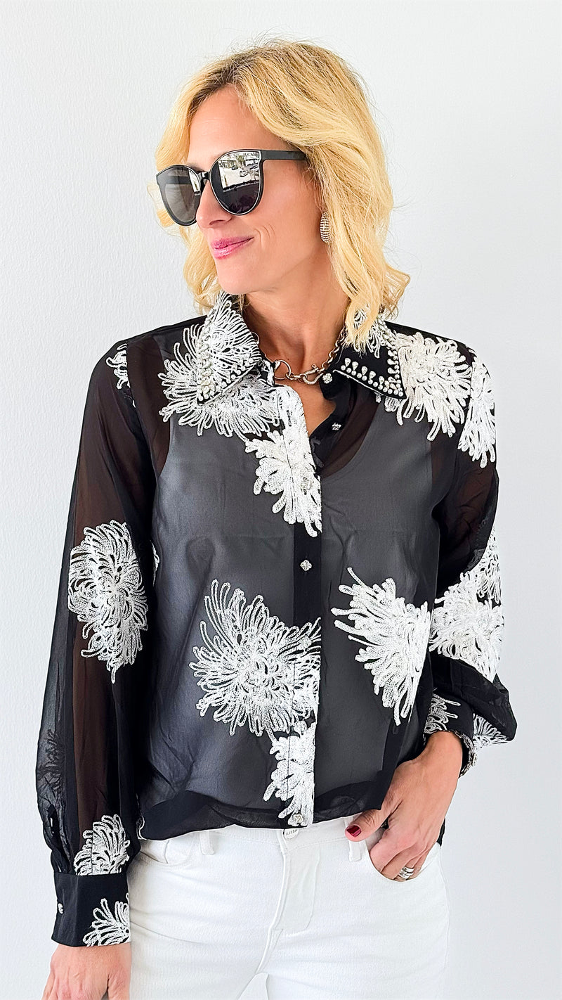 Midnight Garden Sheer Top-130 Long Sleeve Tops-L MASSIMO-Coastal Bloom Boutique, find the trendiest versions of the popular styles and looks Located in Indialantic, FL