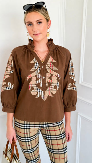 Plaid Appliqué Ruffle Neck Blouse Top - Brown