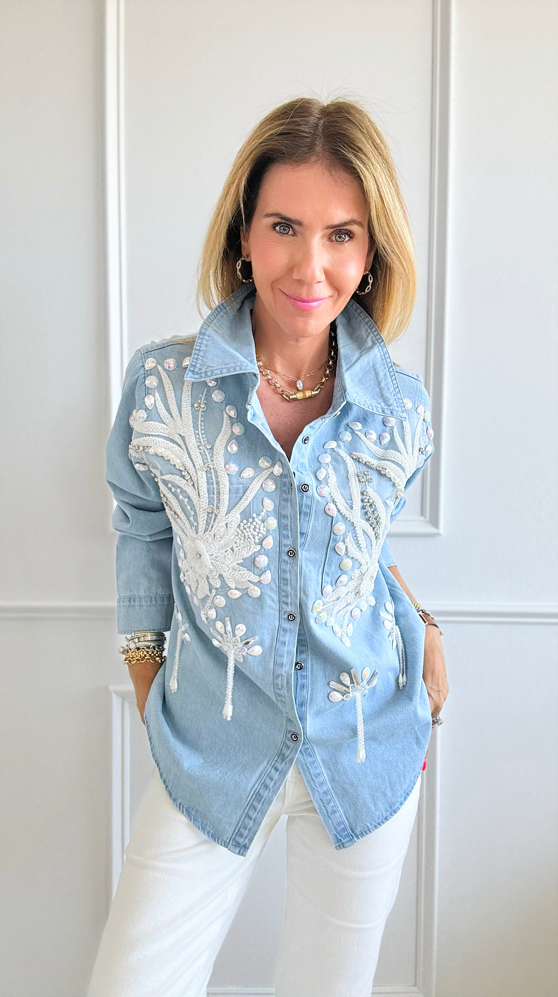 Rhinestones Embroidered Denim Top-130 Long Sleeve Tops-JJ'S FAIRYLAND-Coastal Bloom Boutique, find the trendiest versions of the popular styles and looks Located in Indialantic, FL