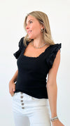 Whimsical Ruffles Ribbed Italian Tank Top- Black-100 Sleeveless Tops-Italianissimo-Coastal Bloom Boutique, find the trendiest versions of the popular styles and looks Located in Indialantic, FL