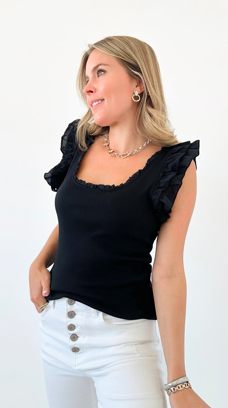 Whimsical Ruffles Ribbed Italian Tank Top- Black-100 Sleeveless Tops-Italianissimo-Coastal Bloom Boutique, find the trendiest versions of the popular styles and looks Located in Indialantic, FL