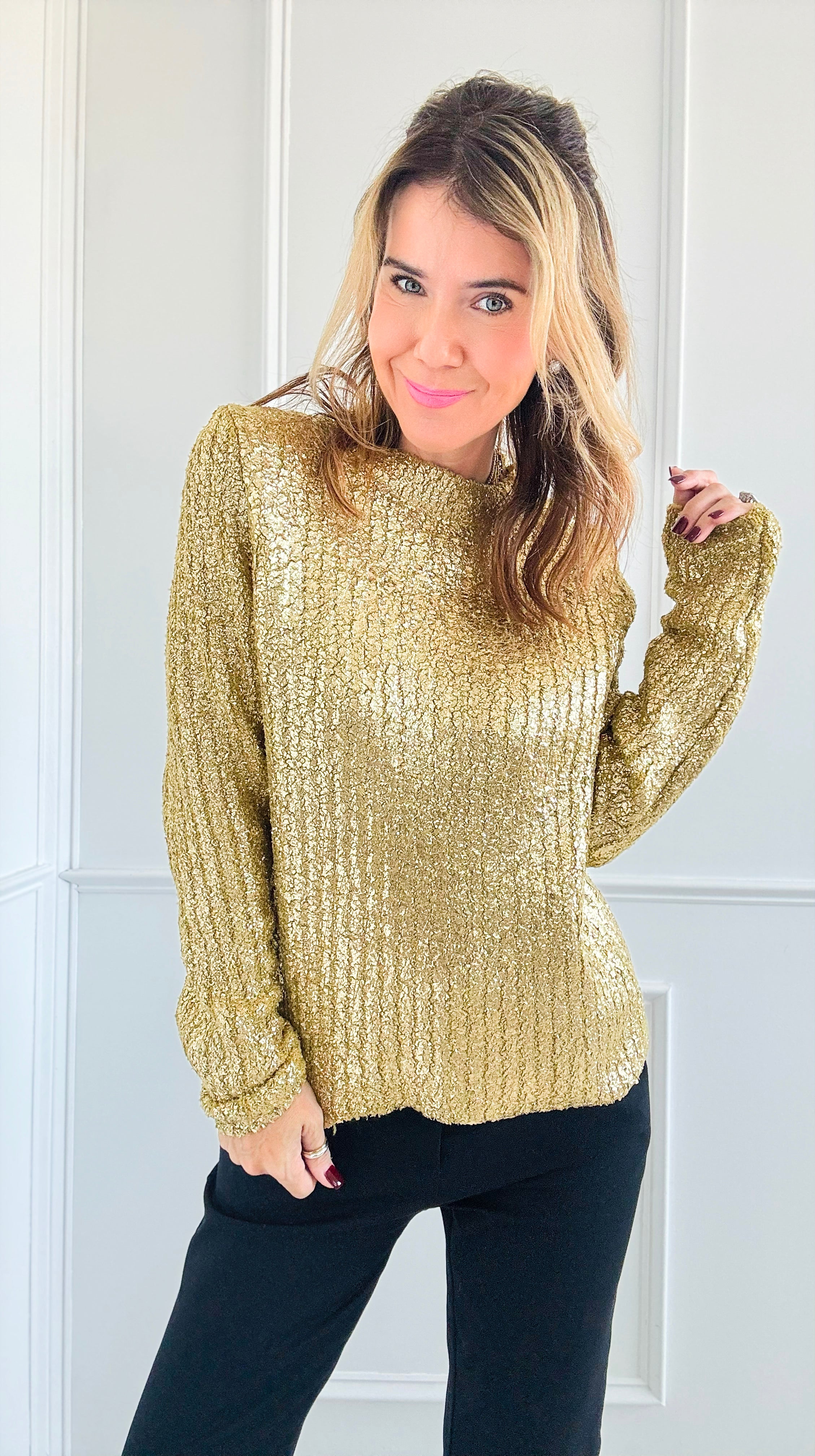 Gold Metallic Ribbed Sweater-140 Sweaters-SUNDAYUP-Coastal Bloom Boutique, find the trendiest versions of the popular styles and looks Located in Indialantic, FL