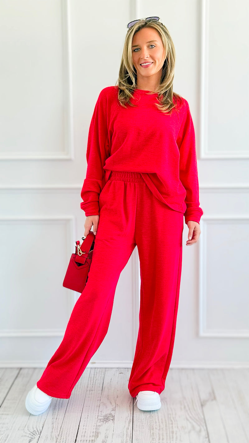 Relax Mode Long Sleeve Slub Knit Set - Ruby-210 Loungewear/Sets-Zenana-Coastal Bloom Boutique, find the trendiest versions of the popular styles and looks Located in Indialantic, FL