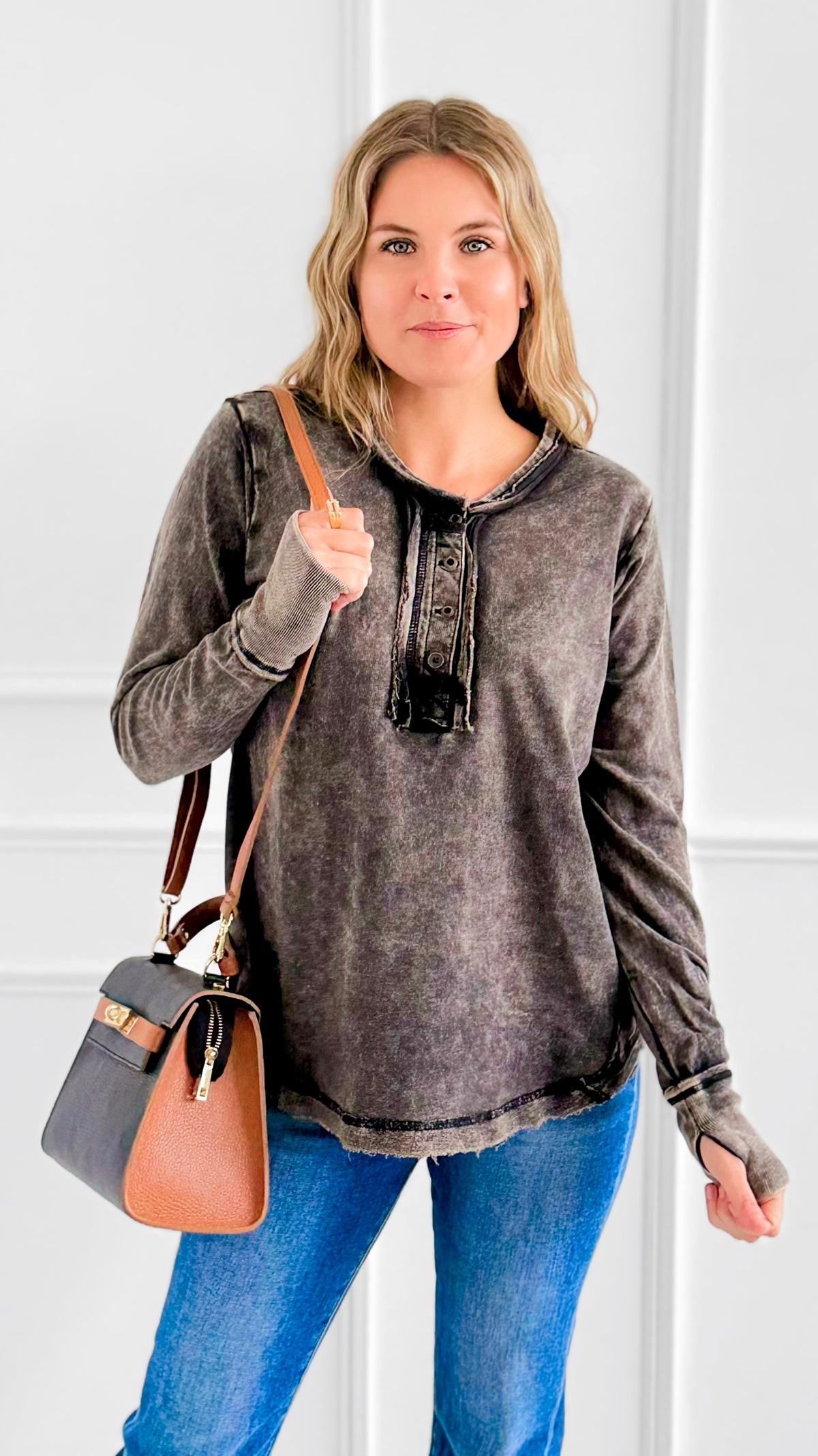 Sunday Stroll Mineral Wash Henley Top - Ash Black-110 Long Sleeve Tops-Zenana-Coastal Bloom Boutique, find the trendiest versions of the popular styles and looks Located in Indialantic, FL