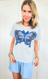Pearled Neckline Butterfly Applique T-Shirt - Grey-110 Short Sleeve Tops-JJ'S FAIRYLAND-Coastal Bloom Boutique, find the trendiest versions of the popular styles and looks Located in Indialantic, FL