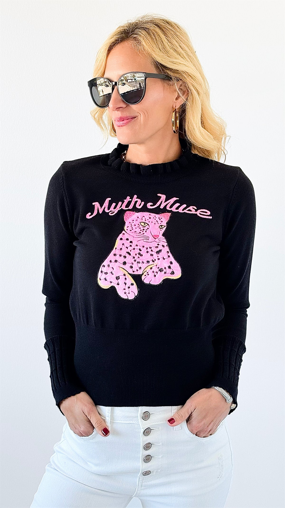 Pink Panther Graphic Sweater-140 Sweaters-Dazzling-Coastal Bloom Boutique, find the trendiest versions of the popular styles and looks Located in Indialantic, FL