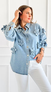 Blossom Denim Button-Down Top-130 Long Sleeve Tops-La' Ros-Coastal Bloom Boutique, find the trendiest versions of the popular styles and looks Located in Indialantic, FL