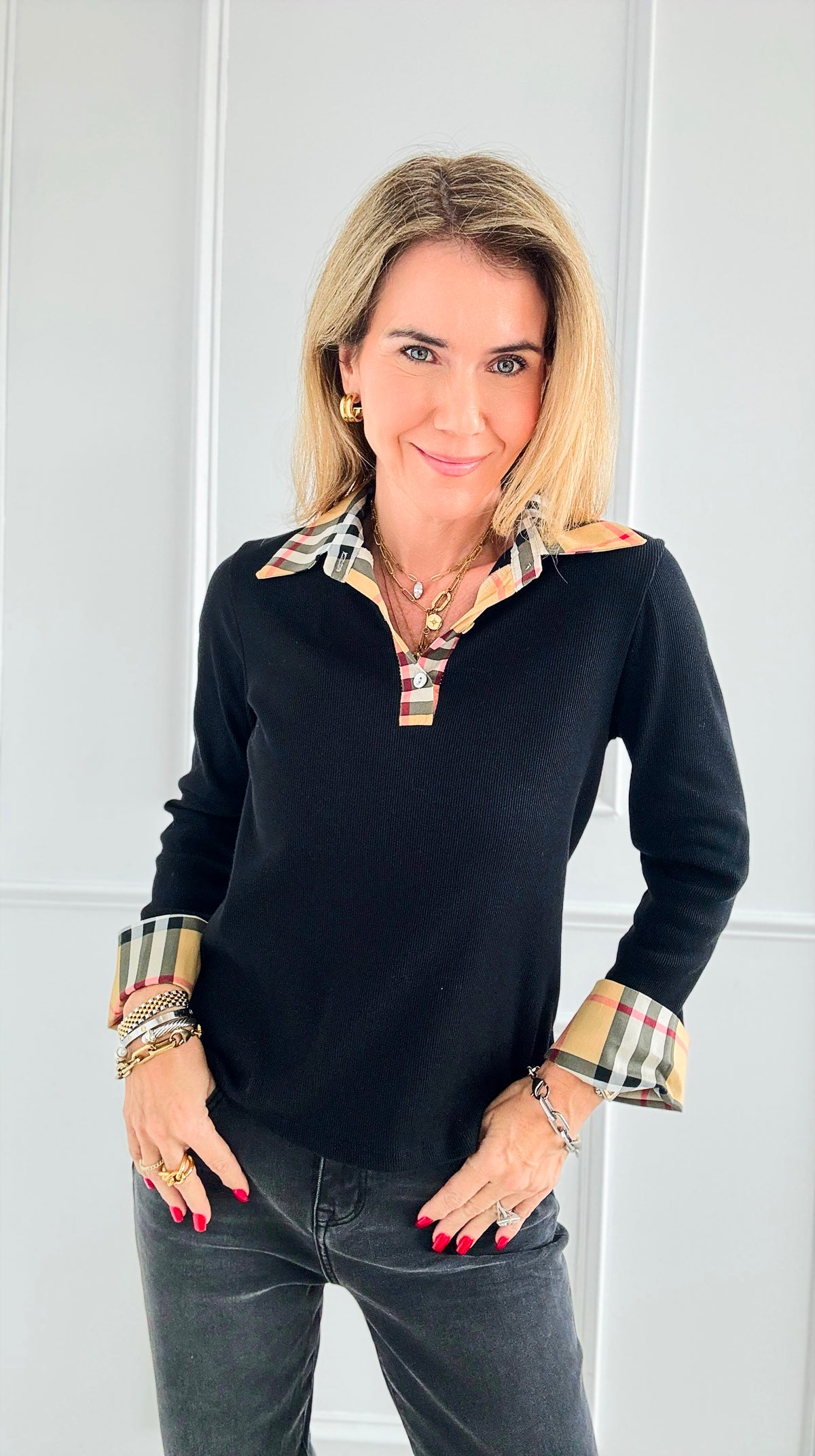 Colorblock Plaid Italian Top- Black-130 Long sleeve top-Italianissimo-Coastal Bloom Boutique, find the trendiest versions of the popular styles and looks Located in Indialantic, FL