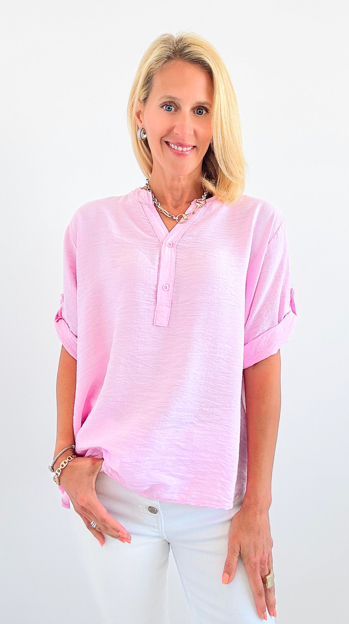 Chic Ease Italian Button-Up Top- Pink-110 short Sleeve Top-Italianissimo-Coastal Bloom Boutique, find the trendiest versions of the popular styles and looks Located in Indialantic, FL