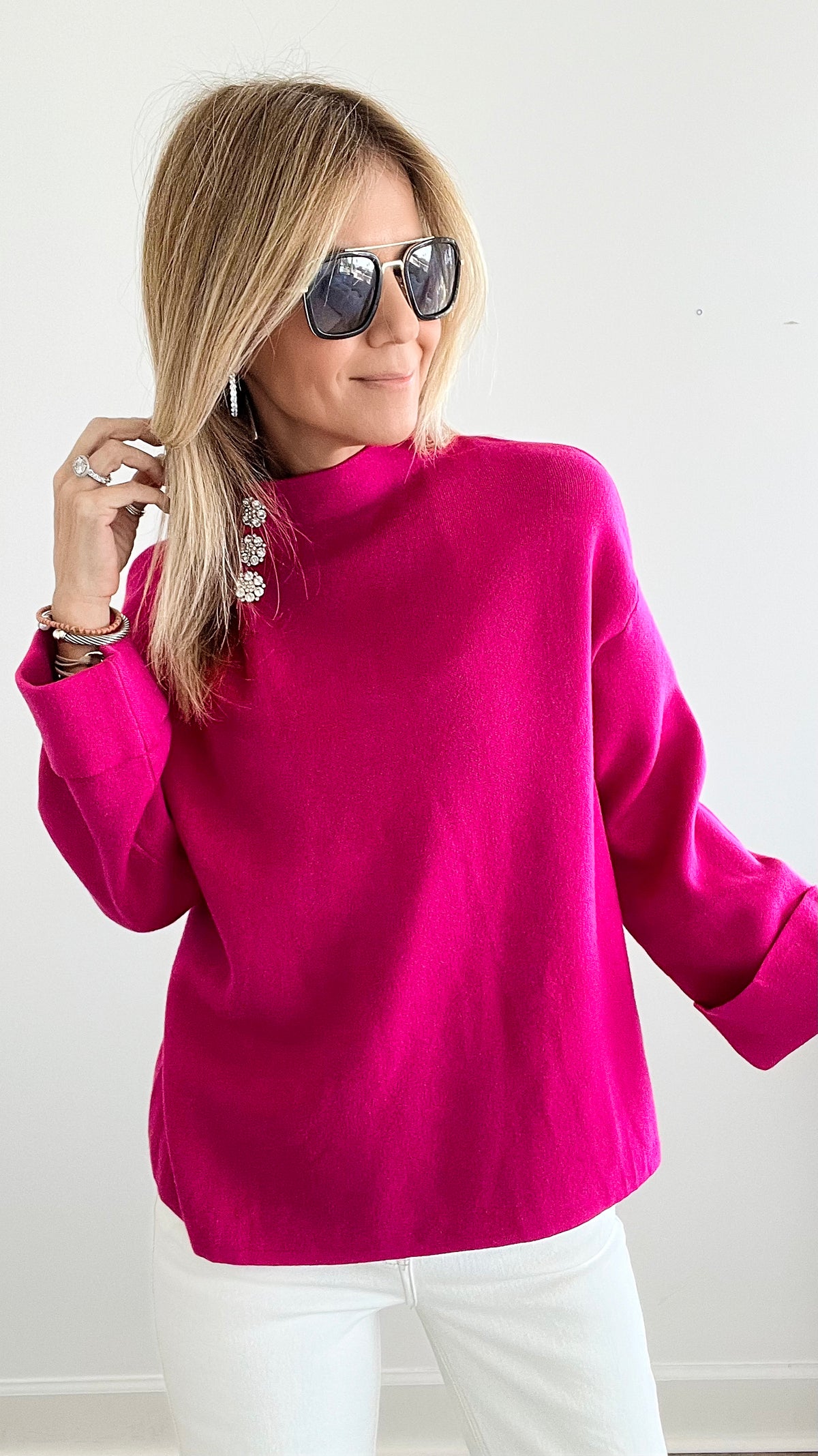 Bejeweled Italian Sweater - Fuchsia-140 Sweaters-Yolly-Coastal Bloom Boutique, find the trendiest versions of the popular styles and looks Located in Indialantic, FL