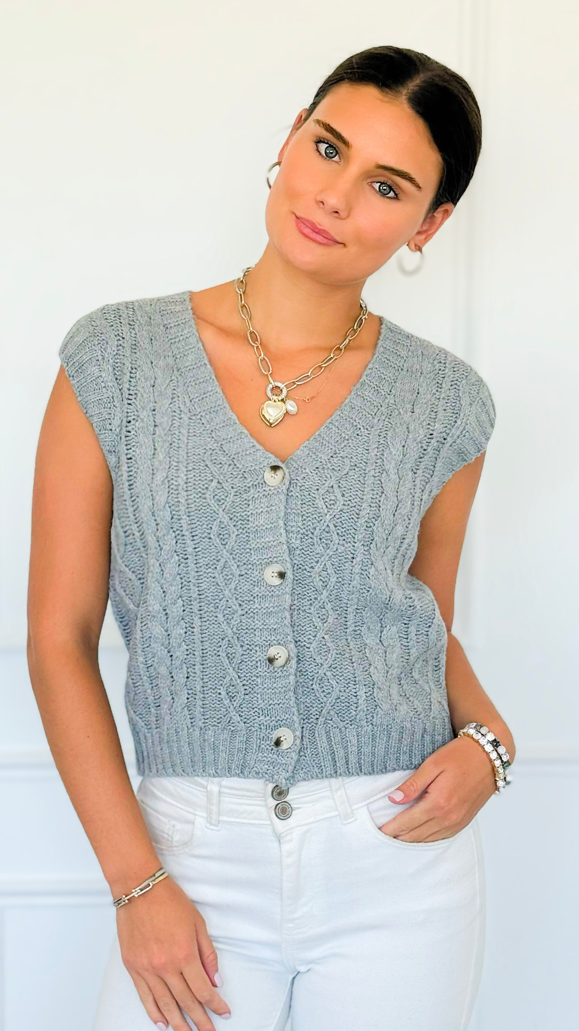 Chunky Cable Sweater Vest - Grey-150 Cardigans/Layers-Be Cool-Coastal Bloom Boutique, find the trendiest versions of the popular styles and looks Located in Indialantic, FL