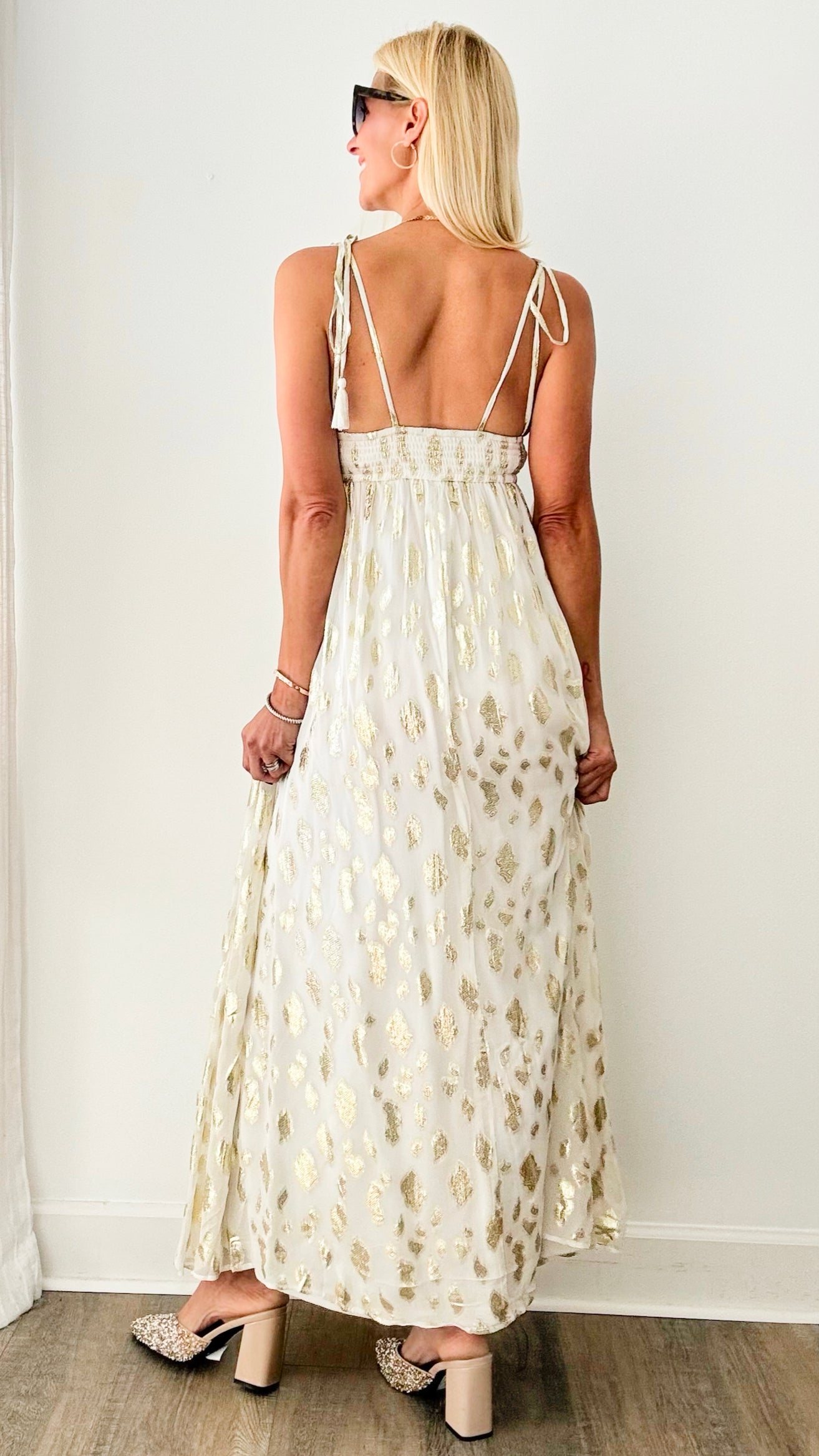 Metallic Spotted Deep Strappy Maxi Dress - Ivory-200 Dresses/Jumpsuits/Rompers-en creme-Coastal Bloom Boutique, find the trendiest versions of the popular styles and looks Located in Indialantic, FL