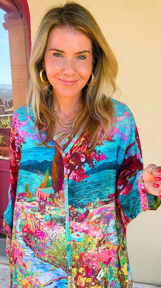 Villa In Bloom Colors Italian Blouse- Turquoise