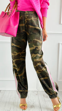 Run Wild Stripe Detail Pants - Olive Camo-170 Bottoms-POL-Coastal Bloom Boutique, find the trendiest versions of the popular styles and looks Located in Indialantic, FL