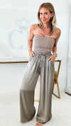 Angora Italian Satin Pant - Metallic Pewter-170 Bottoms-Italianissimo-Coastal Bloom Boutique, find the trendiest versions of the popular styles and looks Located in Indialantic, FL