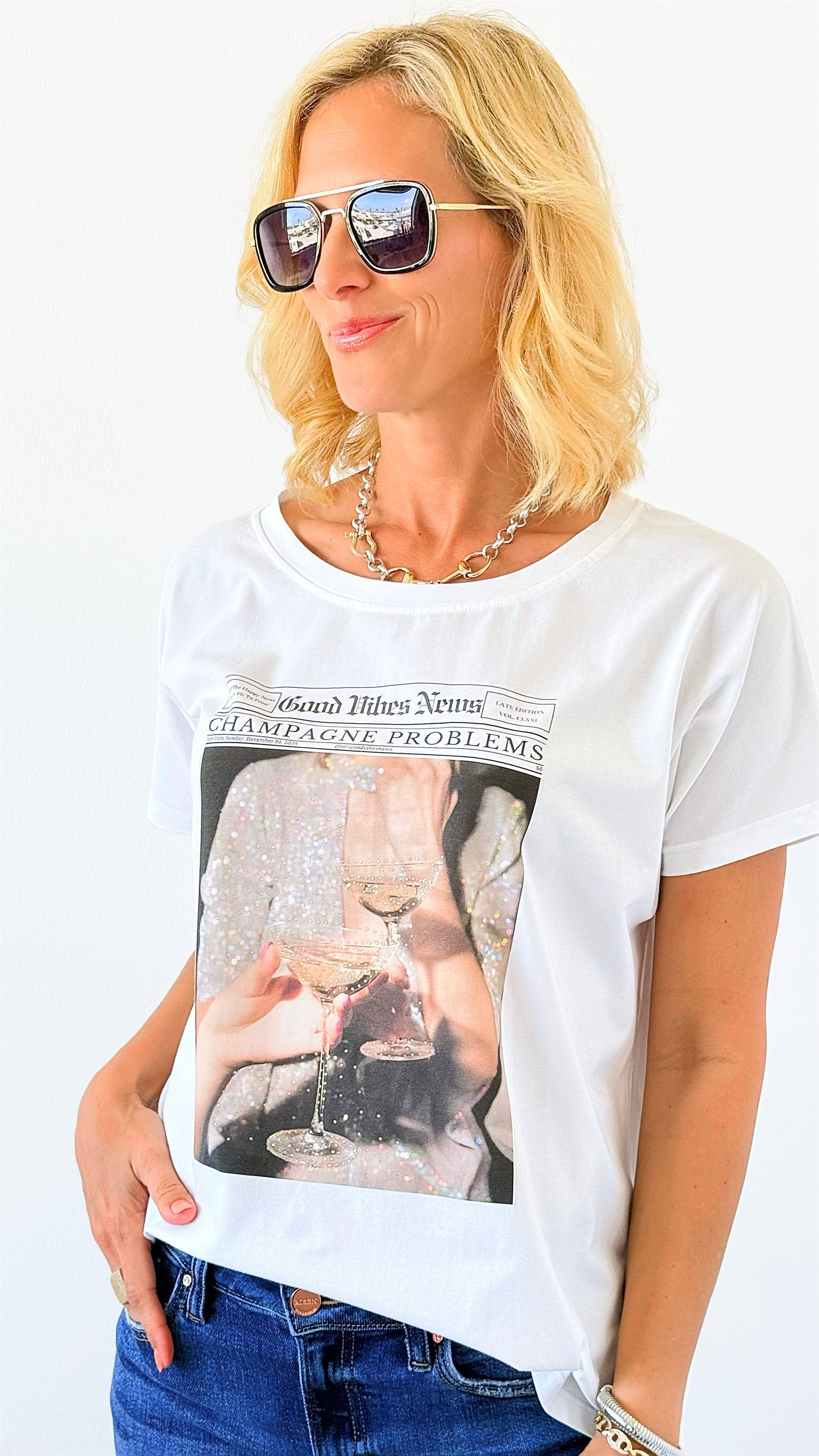 Champagne Problems Italian T-Shirt-110 Short Sleeve Tops-Italianissimo-Coastal Bloom Boutique, find the trendiest versions of the popular styles and looks Located in Indialantic, FL