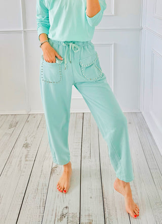 Studded Pocket Italian Jogger Pant - Aqua