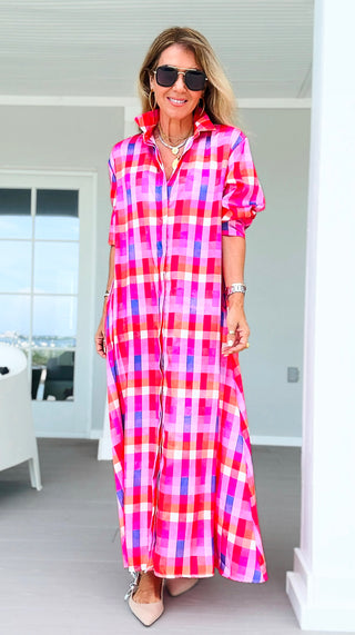 Sweet Check Italian Button Long Dress