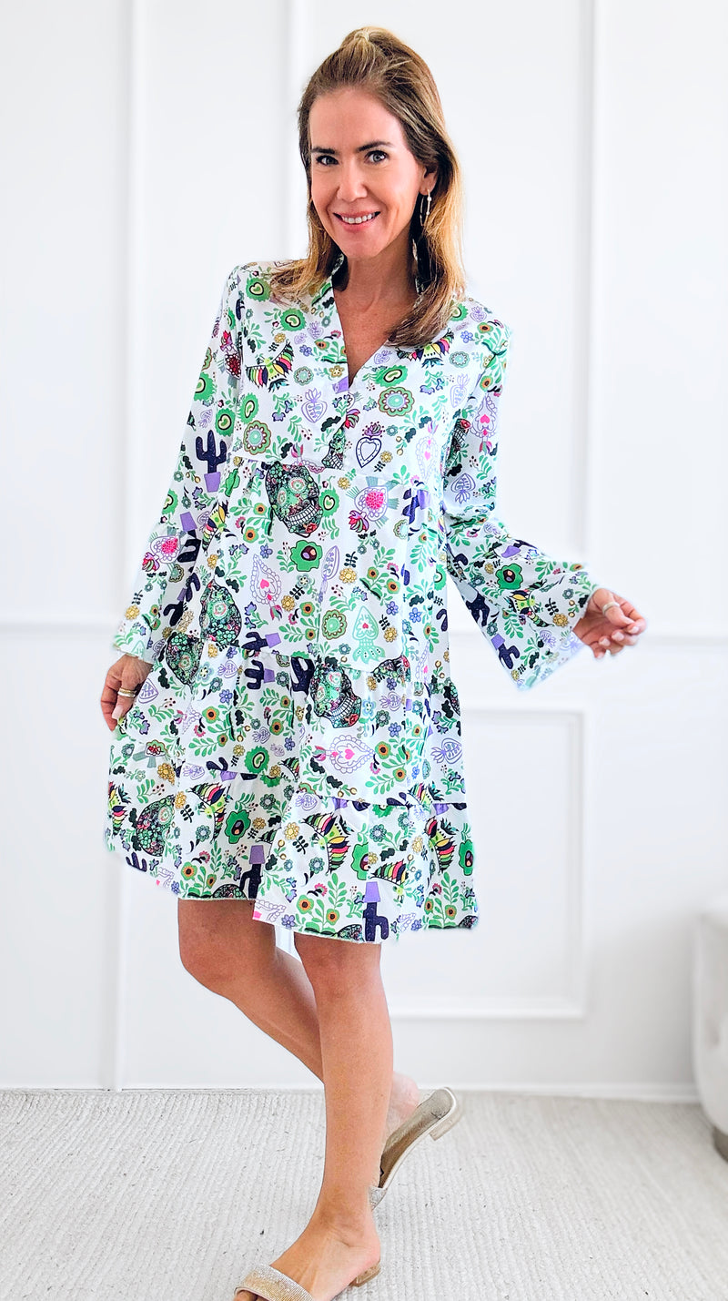 Sugar Skull Print Long Bell Sleeve Dress-200 Dresses/Jumpsuits/Rompers-Sundayup-Coastal Bloom Boutique, find the trendiest versions of the popular styles and looks Located in Indialantic, FL