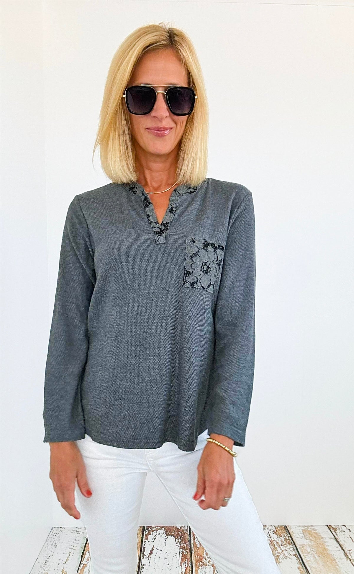 Contrast Lace Printed Italian Pullover-130 Long Sleeve Tops-Tempo-Coastal Bloom Boutique, find the trendiest versions of the popular styles and looks Located in Indialantic, FL