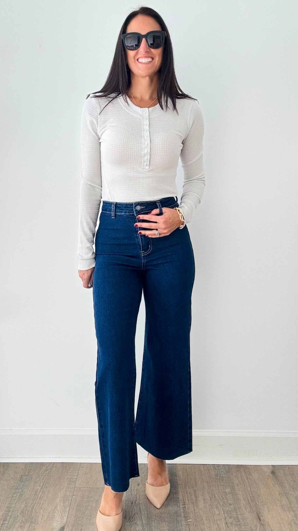 Stretch Wide Leg High Rise Cropped Denim Jean - Dark Denim-170 Bottoms-Anniewear-Coastal Bloom Boutique, find the trendiest versions of the popular styles and looks Located in Indialantic, FL