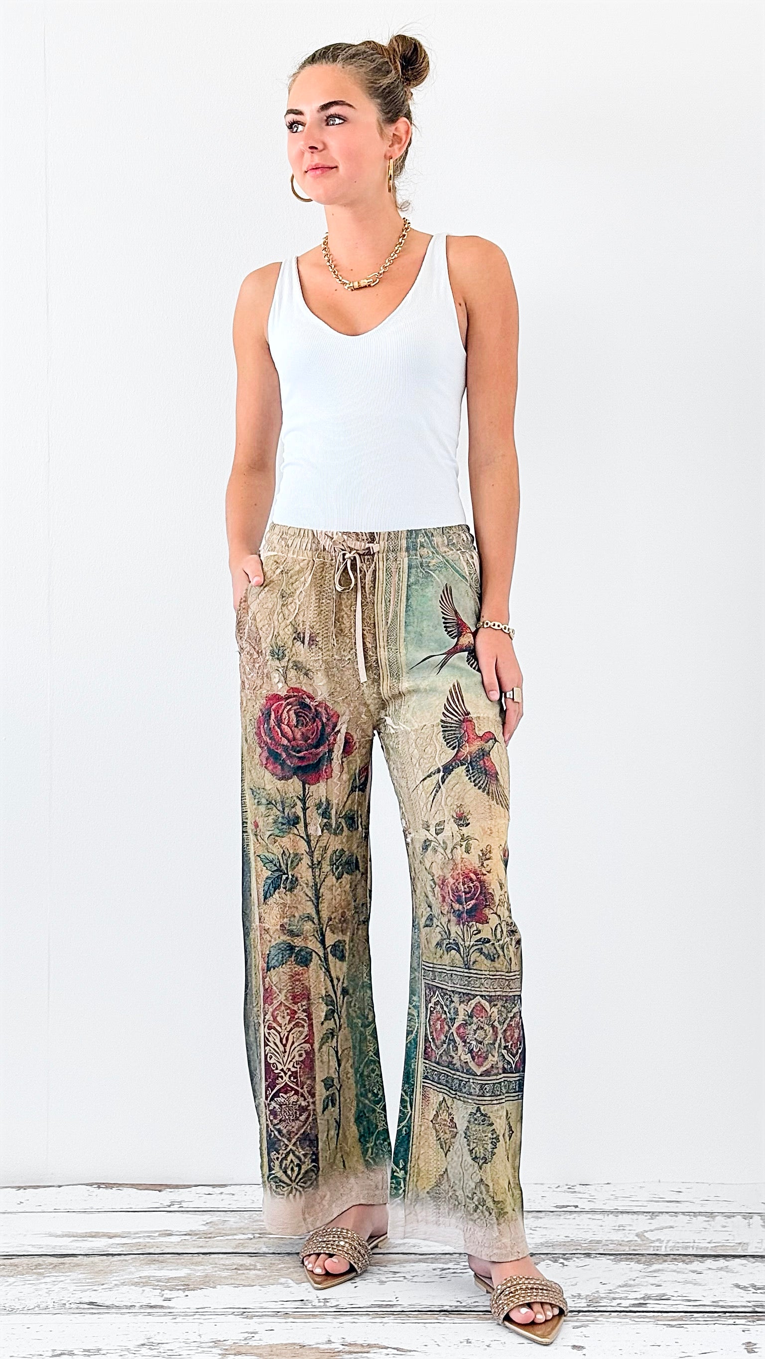 PRE ORDER Whimsical Hummingbird Drawstring Pants-170 Bottoms-Origami Fashion Inc-Coastal Bloom Boutique, find the trendiest versions of the popular styles and looks Located in Indialantic, FL