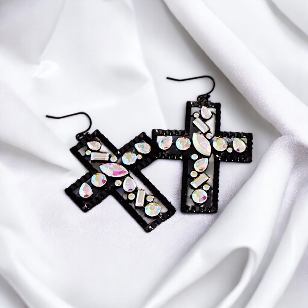 CZ Embellished Cross Dangle Earrings-230 Jewelry-NYW-Coastal Bloom Boutique, find the trendiest versions of the popular styles and looks Located in Indialantic, FL
