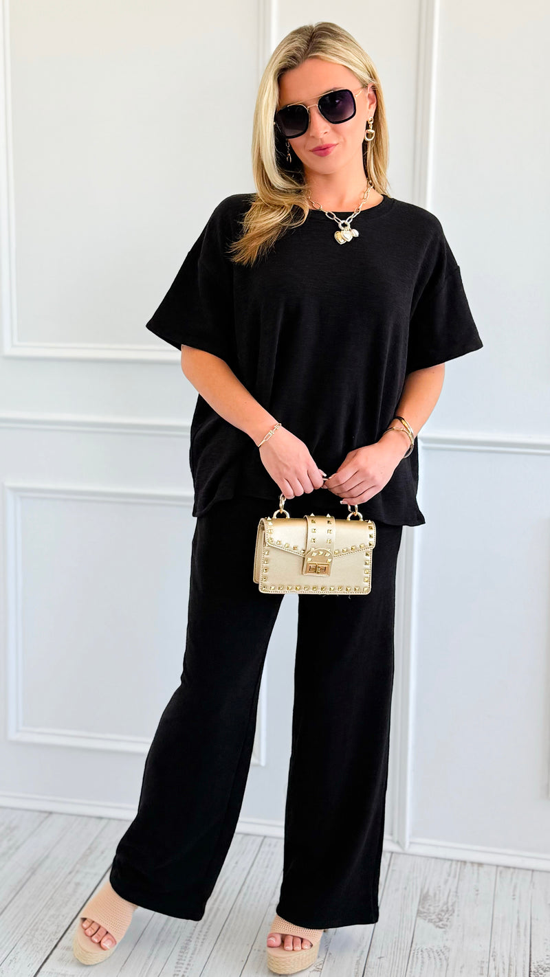 Relax Mode Two-Piece Slub Knit Set - Black-210 Loungewear/Sets-Zenana-Coastal Bloom Boutique, find the trendiest versions of the popular styles and looks Located in Indialantic, FL