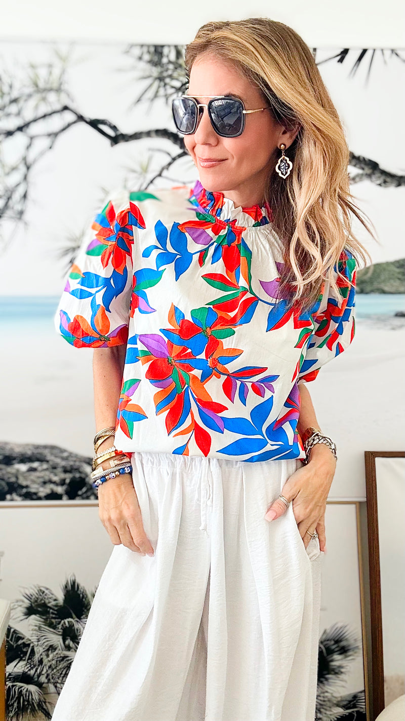 Flower Printed Ruffled High Neck Blouse-110 Short Sleeve Tops-Flying Tomato-Coastal Bloom Boutique, find the trendiest versions of the popular styles and looks Located in Indialantic, FL
