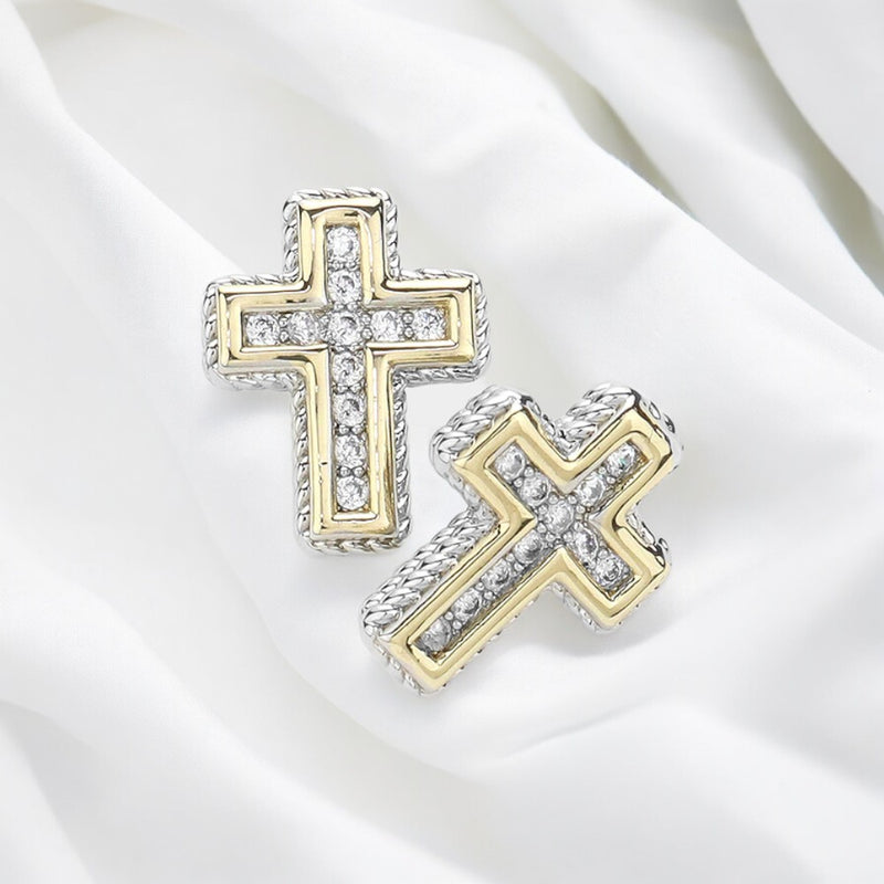 CZ Two Tone Cross Earrings-230 Jewelry-NYW-Coastal Bloom Boutique, find the trendiest versions of the popular styles and looks Located in Indialantic, FL