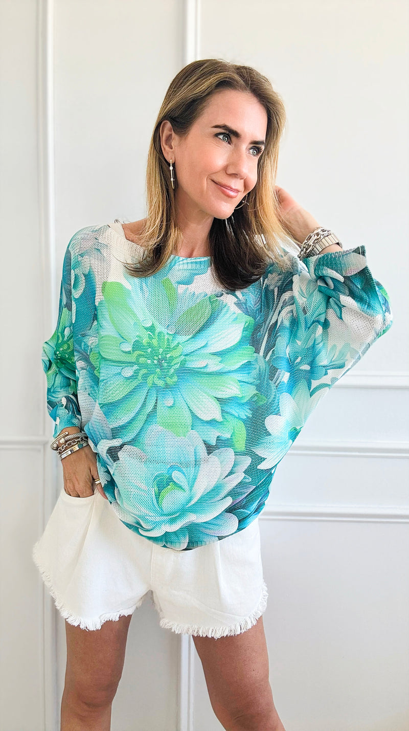 Floral Fusion Teal Italian St Tropez Knit-140 Sweaters-Italianissimo-Coastal Bloom Boutique, find the trendiest versions of the popular styles and looks Located in Indialantic, FL