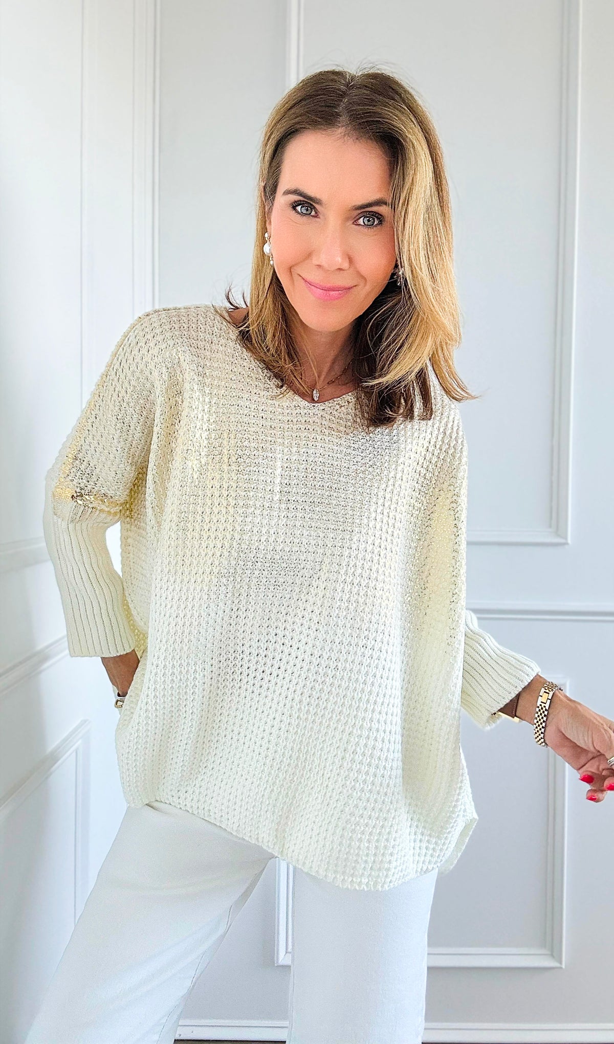 Luminous Italian Sweater- Ivory/Gold-140 Sweaters-Italianissimo-Coastal Bloom Boutique, find the trendiest versions of the popular styles and looks Located in Indialantic, FL