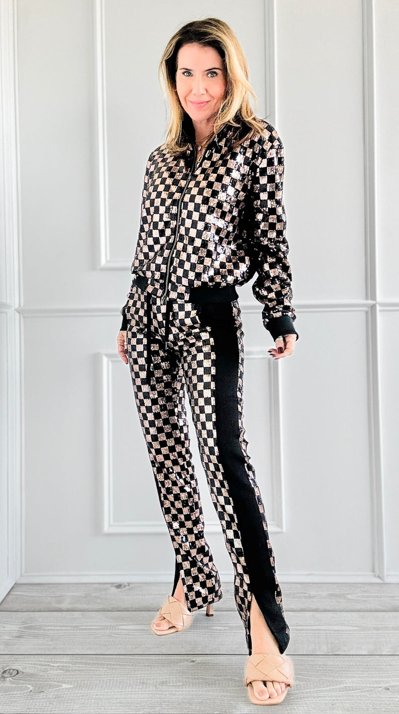 Checkered Sequin Jacket and Pants Set-210 Loungewear/Sets-Rousseau-Coastal Bloom Boutique, find the trendiest versions of the popular styles and looks Located in Indialantic, FL