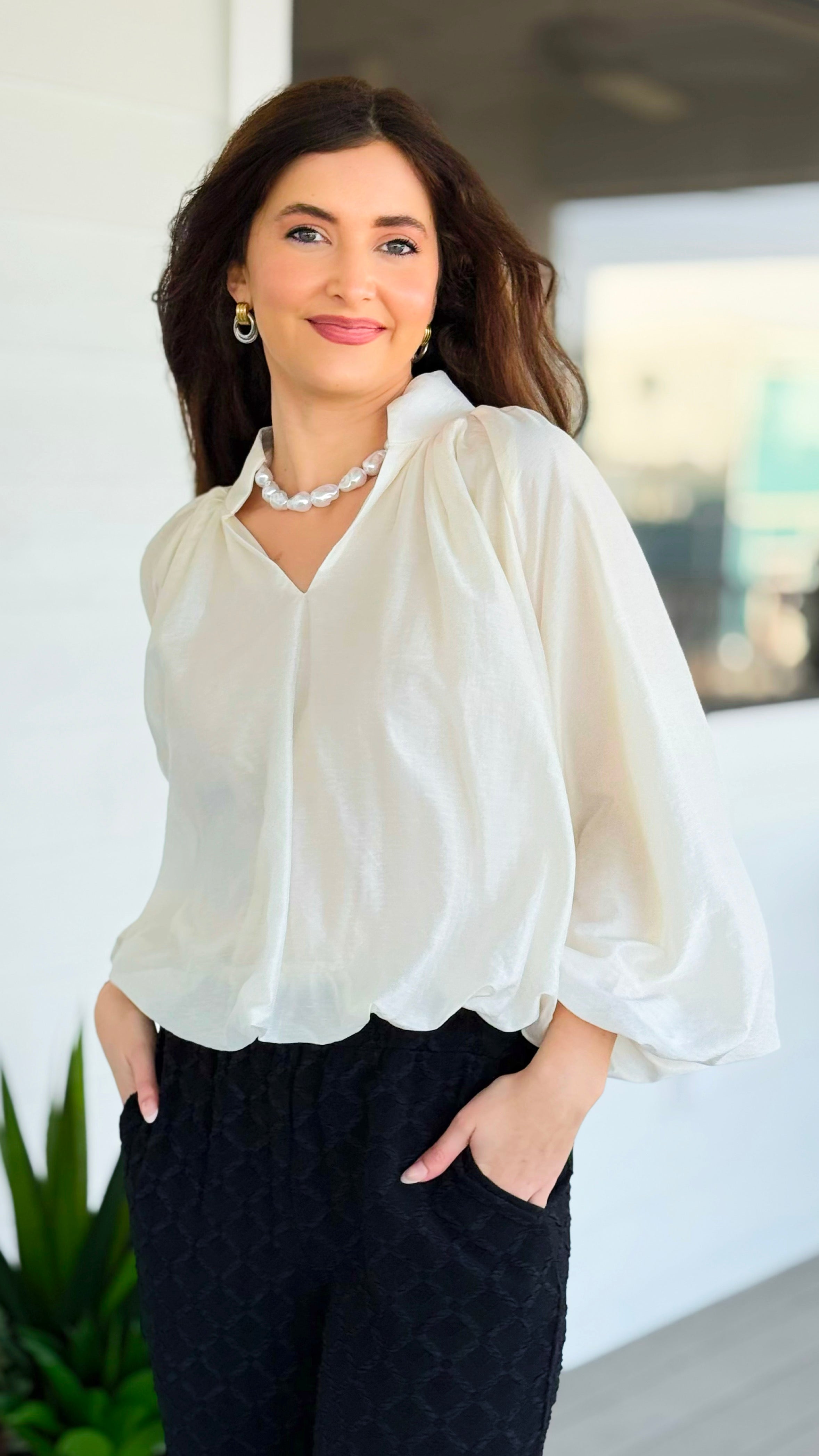 Cloud Nine Split Neck Top - Ecru