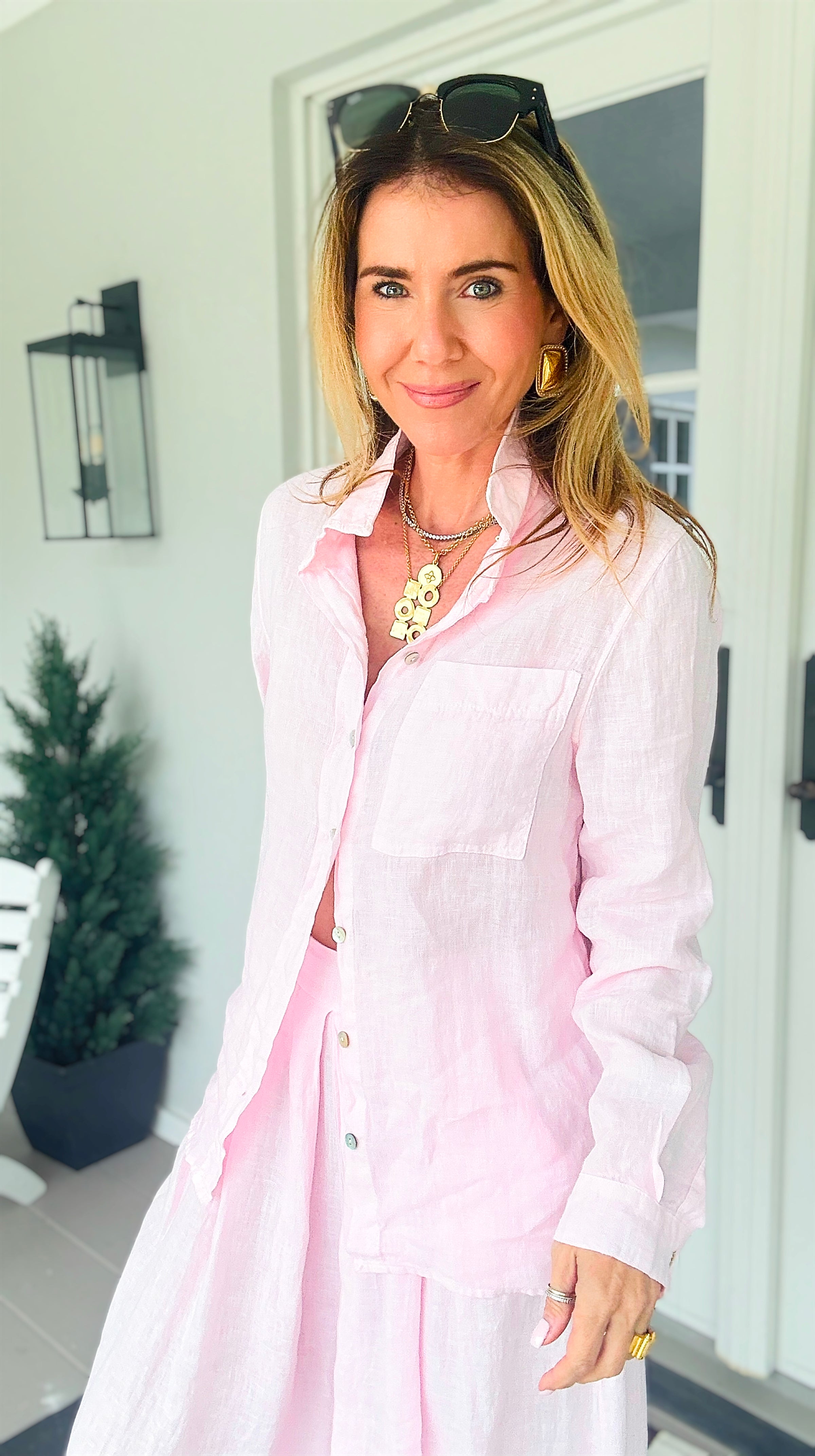 Tuscany Linen Italian Button Top- Light Pink