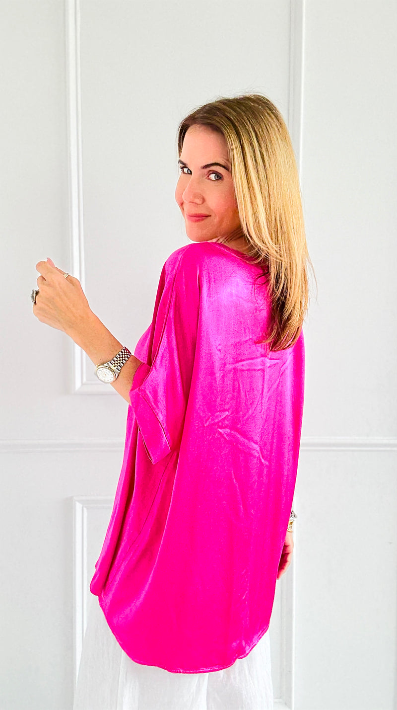 Satin Luxe V-Neck Italian Top- Fucshia-110 short Sleeve Top-SEPTIMO-Coastal Bloom Boutique, find the trendiest versions of the popular styles and looks Located in Indialantic, FL