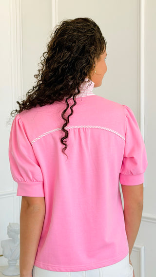 Harbor Neck Stripe Frill Collar Blouse - Pink