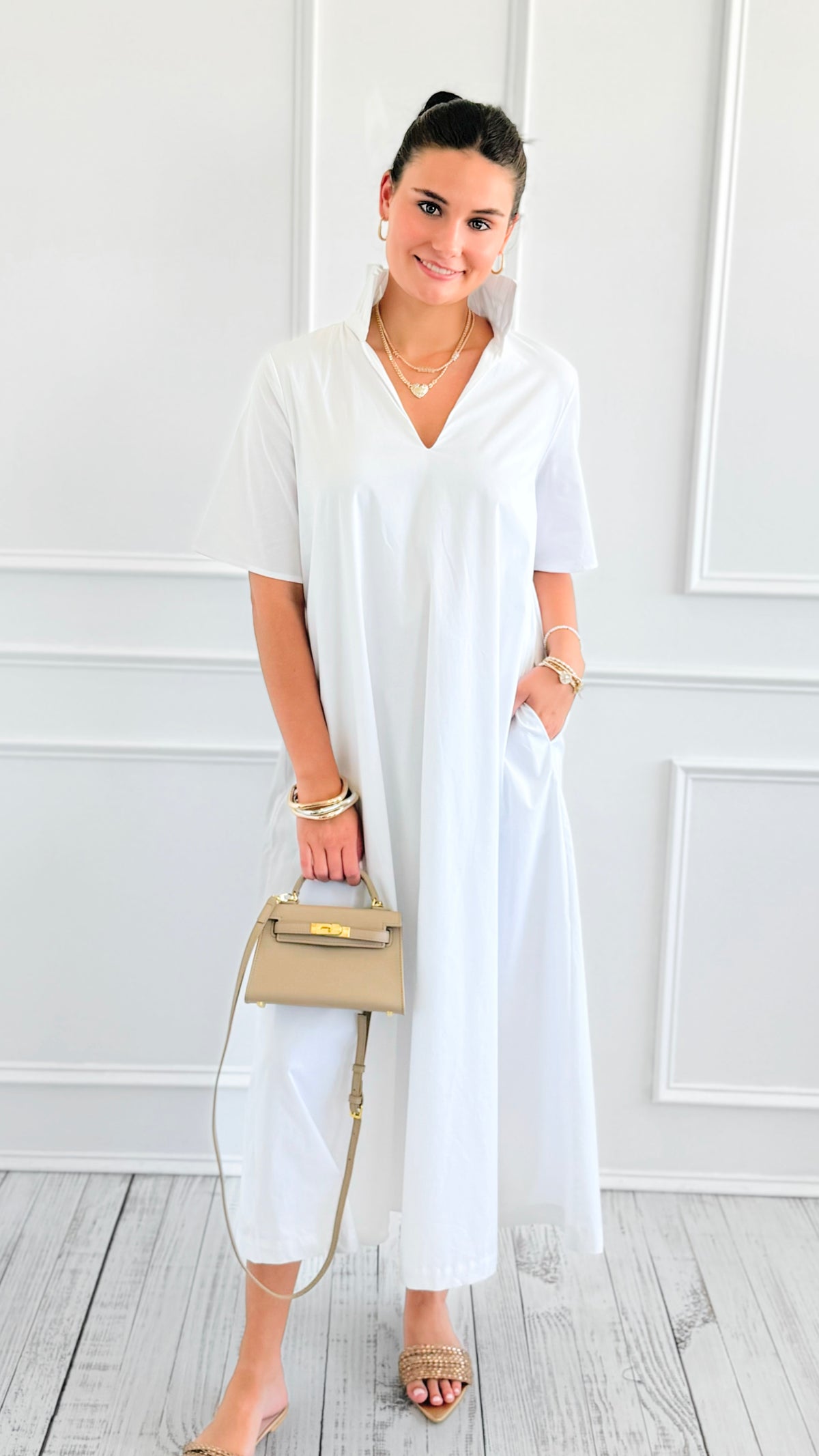 Pleated Collar Midi Dres-White-200 Dresses/Jumpsuits/Rompers-Adrienne-Coastal Bloom Boutique, find the trendiest versions of the popular styles and looks Located in Indialantic, FL