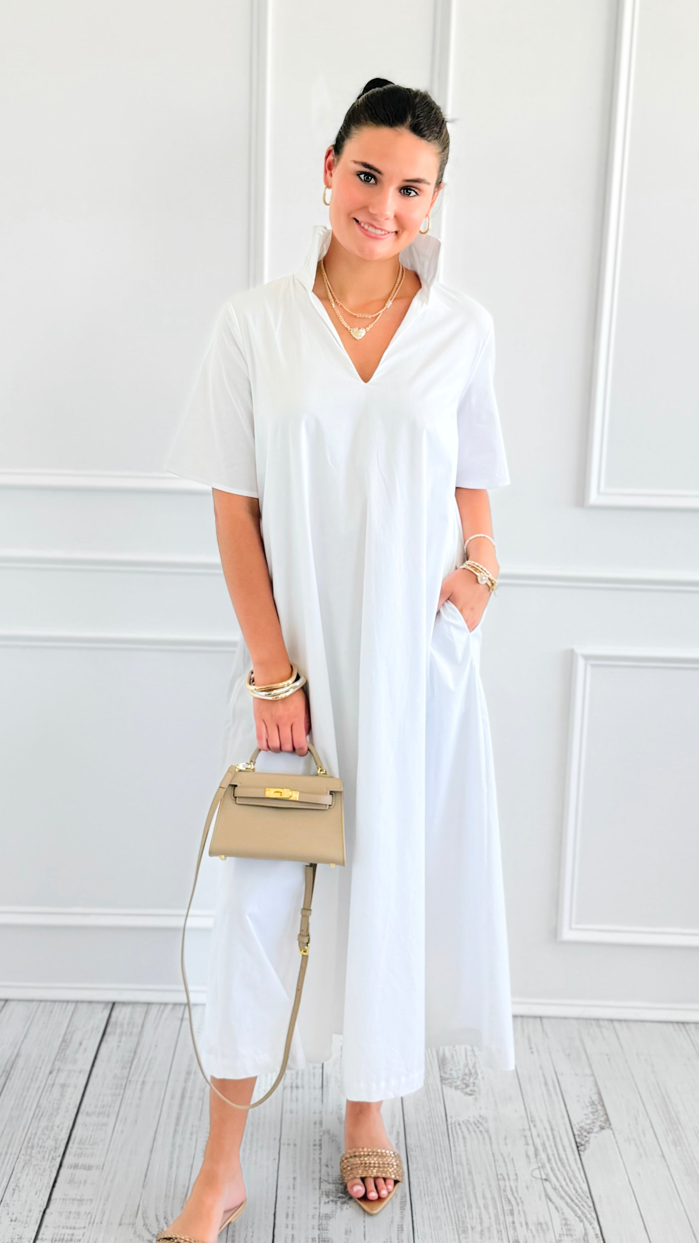 Pleated Collar Midi Dres-White-200 Dresses/Jumpsuits/Rompers-Adrienne-Coastal Bloom Boutique, find the trendiest versions of the popular styles and looks Located in Indialantic, FL