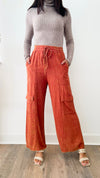 Mineral Washed Cargo Wide Pants - Vintage Brick-170 Bottoms-Easel-Coastal Bloom Boutique, find the trendiest versions of the popular styles and looks Located in Indialantic, FL