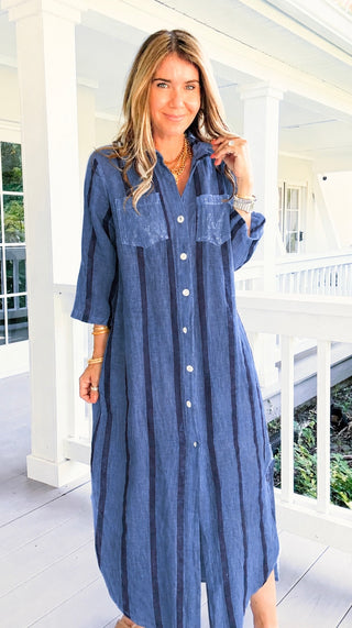 Weekend Sail Stripe Italian Button Dress- Steel Blue