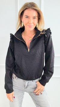 Ruffle Zip Cotton Knit Top-130 Long Sleeve Tops-Umgee-Coastal Bloom Boutique, find the trendiest versions of the popular styles and looks Located in Indialantic, FL