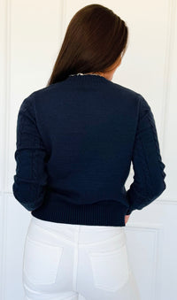 Crimson Gallop Cable Cardigan-Navy-150 Cardigan Layers-Blu Pepper-Coastal Bloom Boutique, find the trendiest versions of the popular styles and looks Located in Indialantic, FL