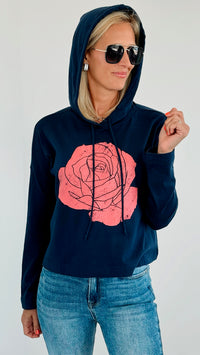 Rose Print Hoodie Sweatshirt - French Navy-130 Long Sleeve Tops-Honestee-Coastal Bloom Boutique, find the trendiest versions of the popular styles and looks Located in Indialantic, FL