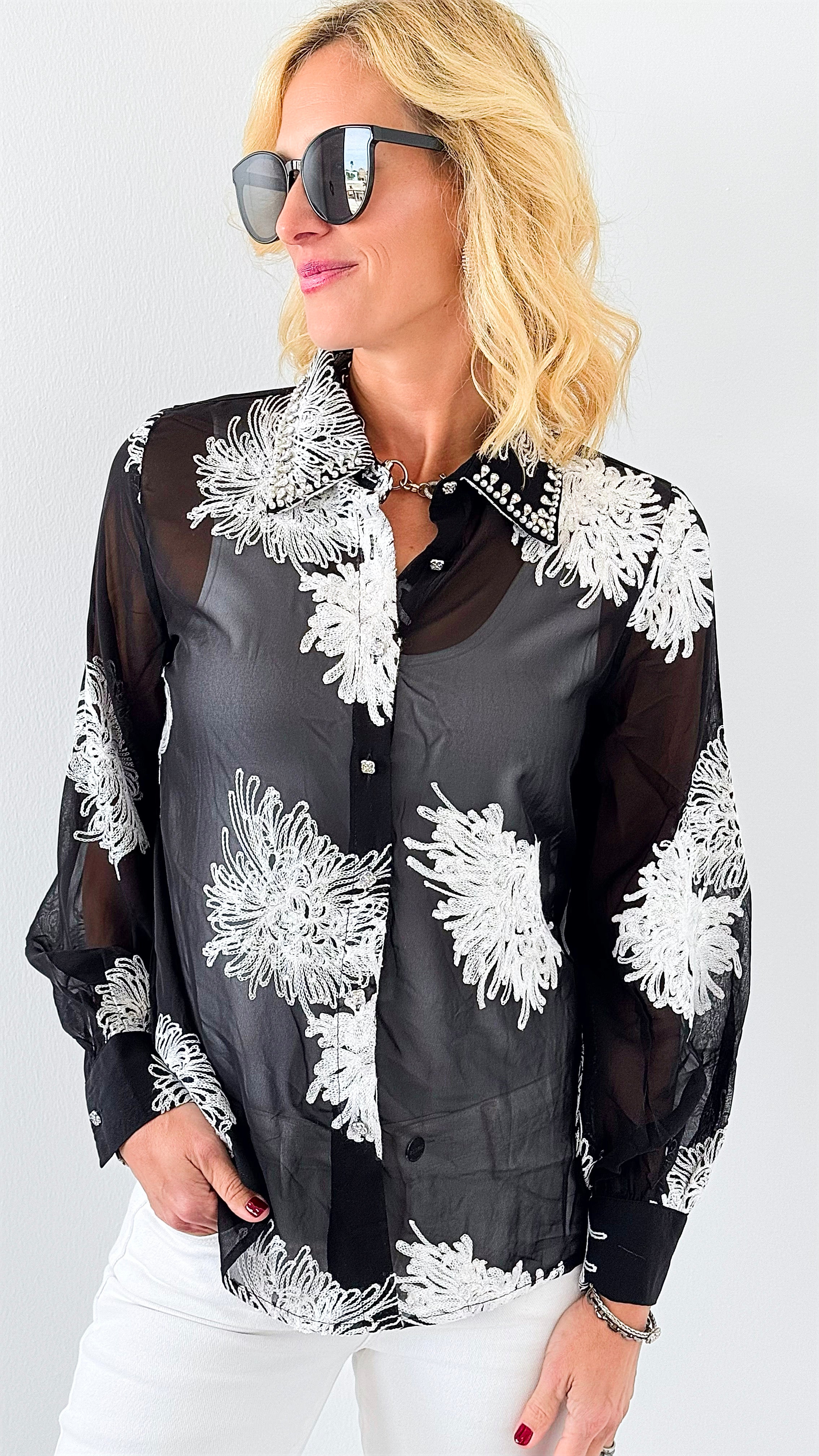 Midnight Garden Sheer Top-130 Long Sleeve Tops-L MASSIMO-Coastal Bloom Boutique, find the trendiest versions of the popular styles and looks Located in Indialantic, FL