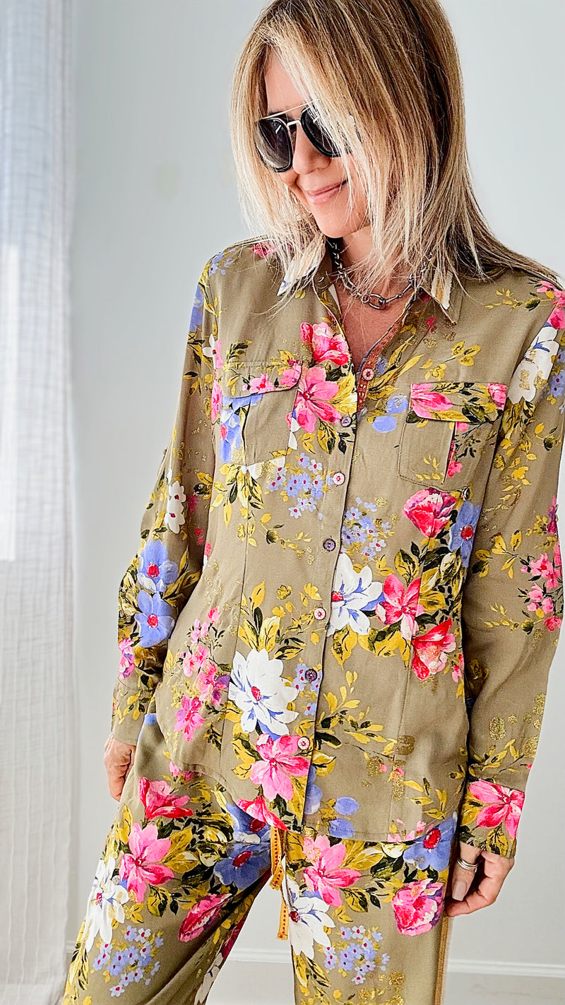 Floral in LA Button Down - Olive-130 Long Sleeve Tops-Aratta-Coastal Bloom Boutique, find the trendiest versions of the popular styles and looks Located in Indialantic, FL